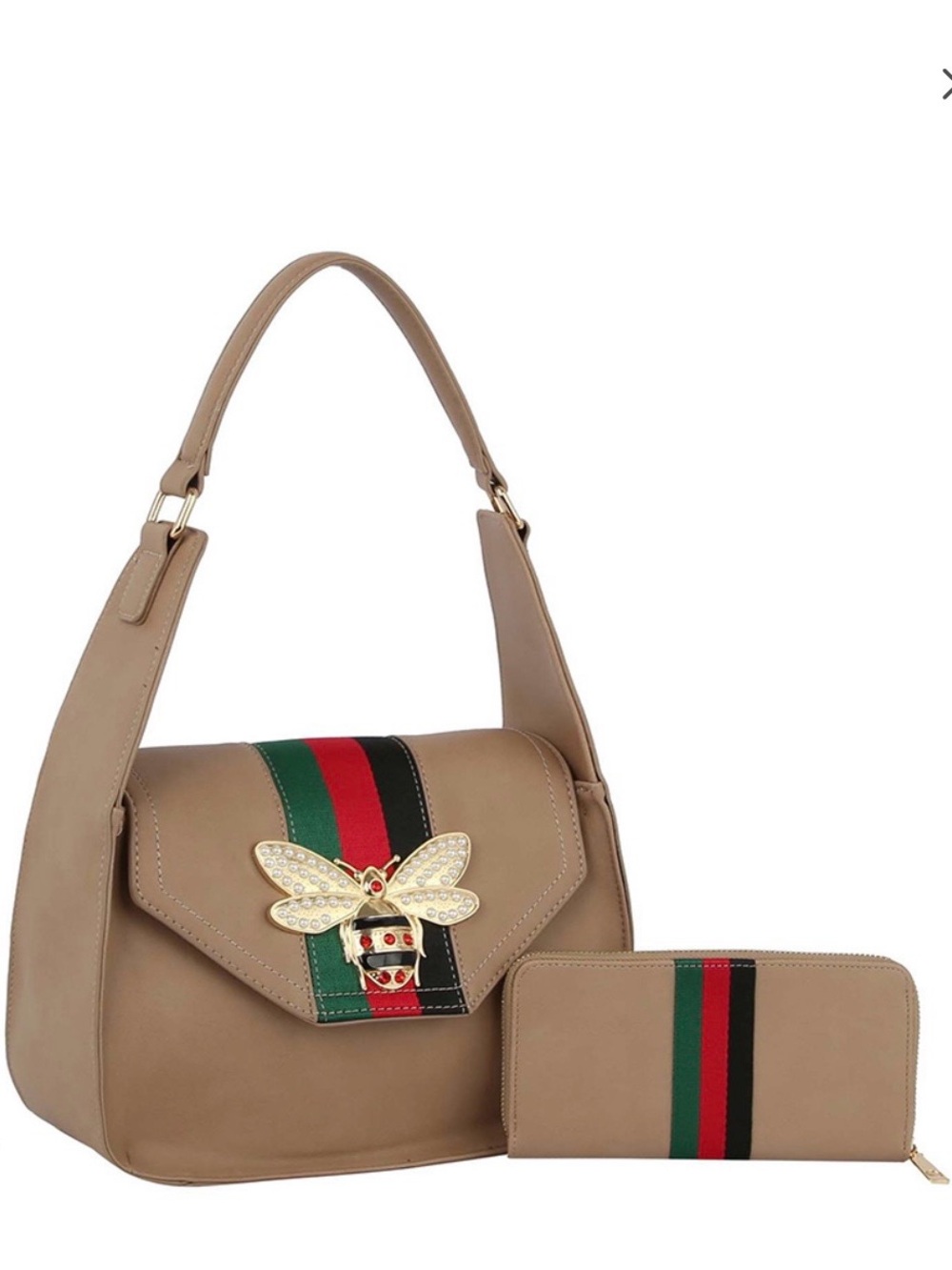 Sand Shoulder Bag and Wallet Set with Green-Red Stripe and Gold Bee Accent